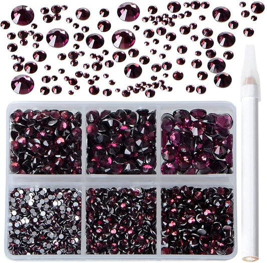 Bymitel 5000 Pieces 6 Mixed Sizes Glue Fix on Glass Rhinestones Round Crystal Gems Flatback for DIY Jewelry Making with one Picking Pen(6-Sizes 5000PCS, Amethyst)