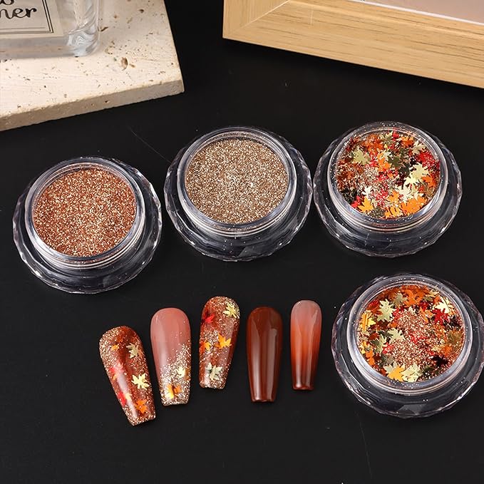4Pcs Fall Nail Glitters 3D Gold Maple Leaf Nail Sequins with Glitter Flakes Powder Gradient Maple Leaves Shaped Sparkly Supplies for Women Manicure Charms Autumn Winter Thanksgiving Accessories Crafts