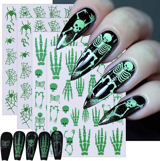 Halloween Luminous Ghost Nail Sticker Luminous Sticker 3D self-Adhesive Horror Skull Spider Web Spider Pattern Design Ladies Girl DIY Halloween Nail Decoration 4 Pictures