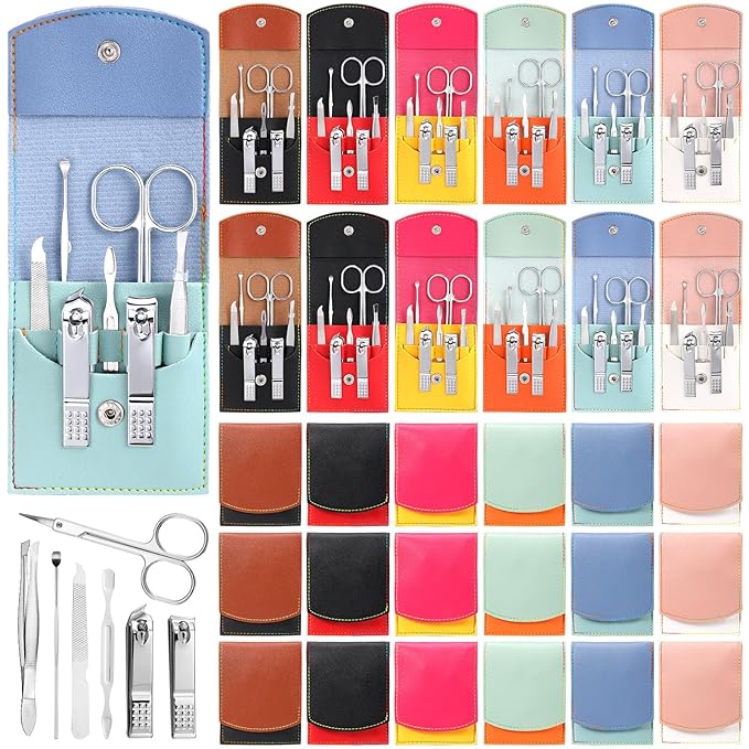 30 Set Manicure Kit Bulk Nail Clippers 7 in 1 Mini Nail Clippers Stainless Steel Professional Care Pedicure with Travel Bag Grooming Kit for Christmas Women Men Home(Vivid Color,Cute)