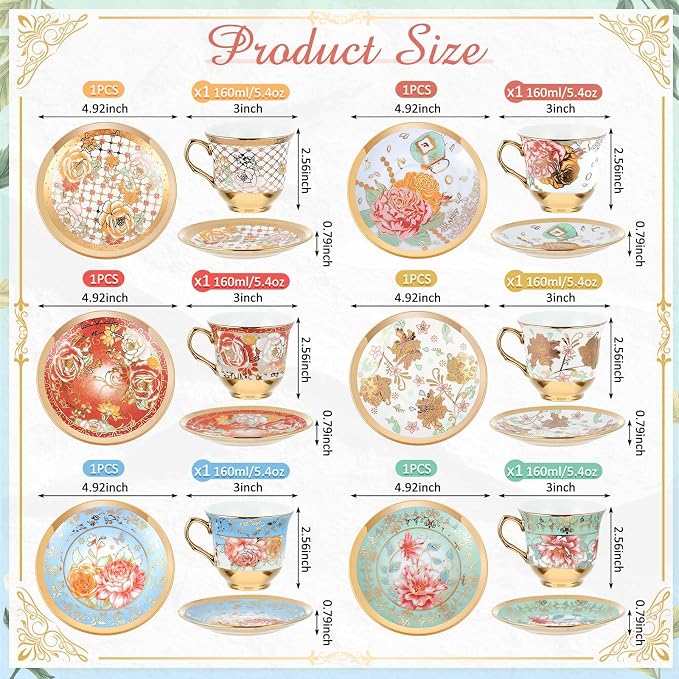 Teenyyou Set of 6 Tea Cups and Saucers Tea Party Decorations Floral Porcelain - Image 3