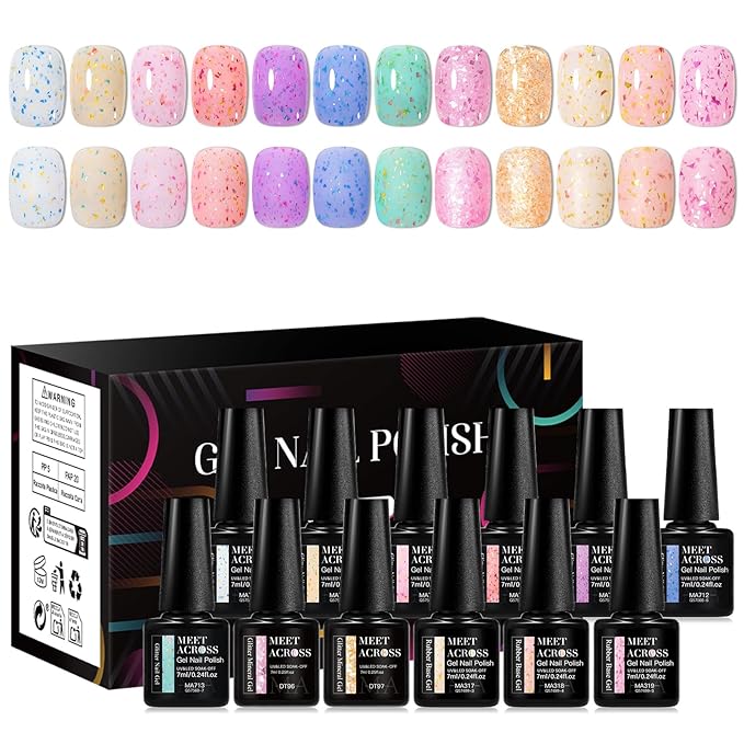MEET ACROSS 12PCS Gel Nail Polish Set, 12 Colors Gel Nail Kit Art Design Soak Off UV LED,Nail Art Design Gifts for Women (SET-11, 12PCS)