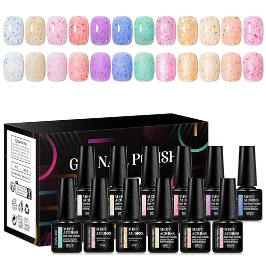 MEET ACROSS 12PCS Gel Nail Polish Set, 12 Colors Gel Nail Kit Art Design Soak Off UV LED,Nail Art Design Gifts for Women (SET-11, 12PCS)