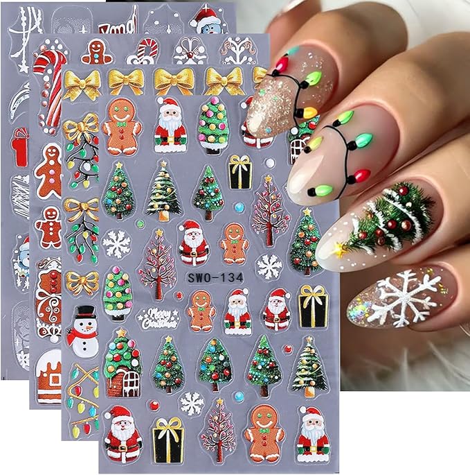 4pcs Christmas Light Strips Nail Art Stickers 5D Embossed Nail Decals Green Christmas Tree & Cute Gingerbread Man Design Xmas Nail Sticker DIY Santa Claus Snowflake Elk Snowman Manicure Decoration