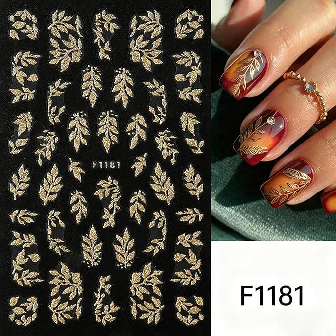 8Pcs Fall Nail Art Stickers, Gold Maple Leaves Nail Decals 3D Self-Adhesive Gold Fall Leaves Nails Stickers Glitter Nail Art Supplies for Women Nail Decoration