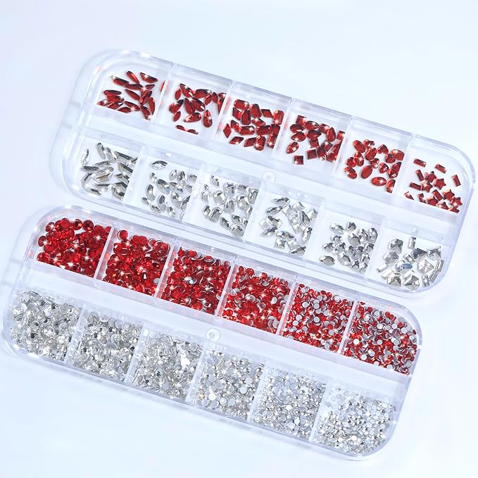 HNUIX Nail Rhinestones for Nails - 3D Multi Shapes, Flat Back, Small Nail Gems, Crystal & Red Nail Diamonds, with Kit, for Nail Art, DIY Decor