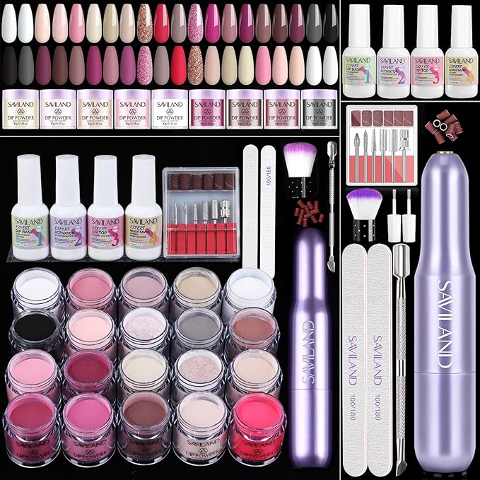 SAVILAND Advanced Dip Powder Nail Kit with Drill: 20 All Season Color Pink Nude Grey Dip Nails Powder Starter Kit with Essentials Liquid Set Dip Base Top Activator Brush Saver French Nail Art Women