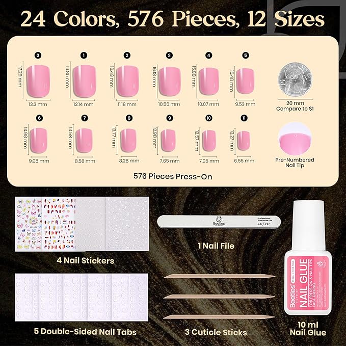 Beetles Press on Nails Kit 576Pcs 24 Colors, Press on Nails Short Square Glossy Matte With Nail Glue & Nail Tabs Stickers, Natural Fit Lightweight Squaval Fake Nails Kit Art For Women Girls
