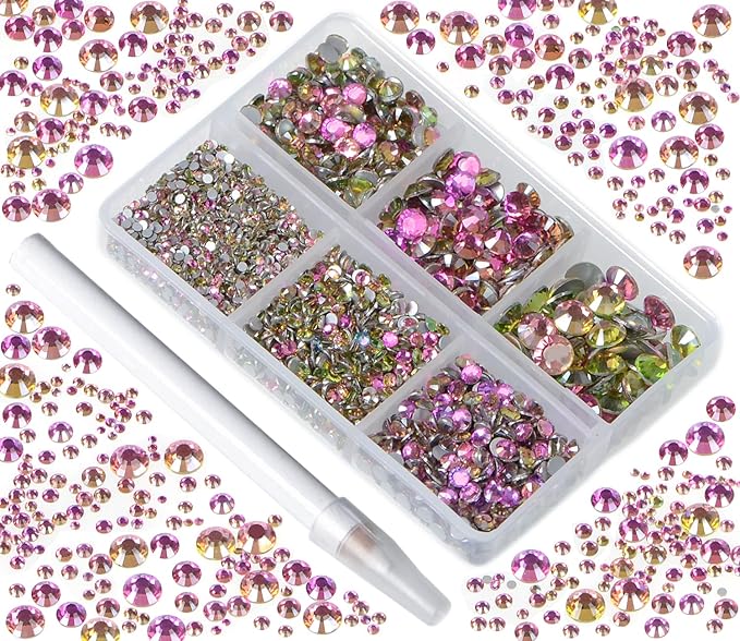 5000Pcs Art Nail Rhinestones Non Hotfix Non-Magnetic Glue Fix Round Crystals Glass Flatback for DIY Jewelry Making with one Picking Pen (6-Sizes 5000PCS, Golden Rose)