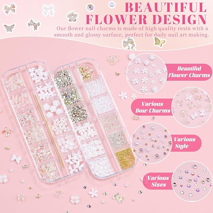 2 Boxes Assorted Nail Charms and Gems, White Flower Nail Charms Aurora Bow Metal Butterfly Crystal AB Clear Gemstones Silver/Gold Caviar Beads White Pearls Glass Bubble with Nail Chain (9-S2-Mixed6)