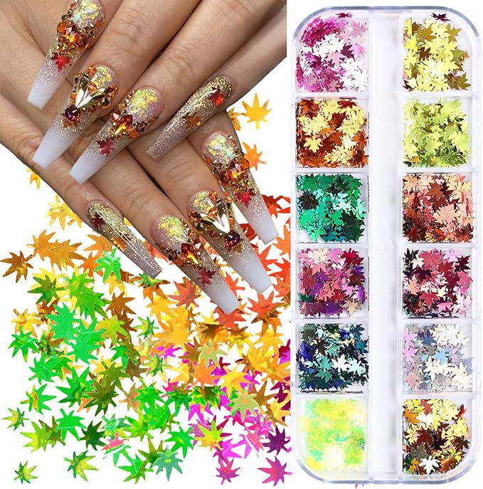 Maple Leaf Glitter Nail Sequins Fall Maple Leaves Glitter for Nails Holographic Nail Art Design Supplies 3D Autumn Glitters Flakes Decor