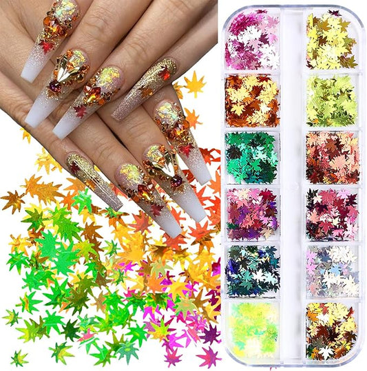 Maple Leaf Glitter Nail Sequins Fall Maple Leaves Glitter for Nails Holographic Nail Art Design Supplies 3D Autumn Glitters Flakes Decor
