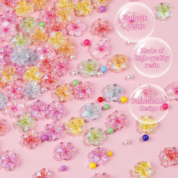 300Pcs Flower Nail Charms Kit, 100Pcs 3D Resin Cherry Nail Charms and 100Pcs Pearls with 100Pcs Macaron Beads, Colorful Hibiscus Floral Tiny Gems Round Beads for Women Manicure Craft DIY