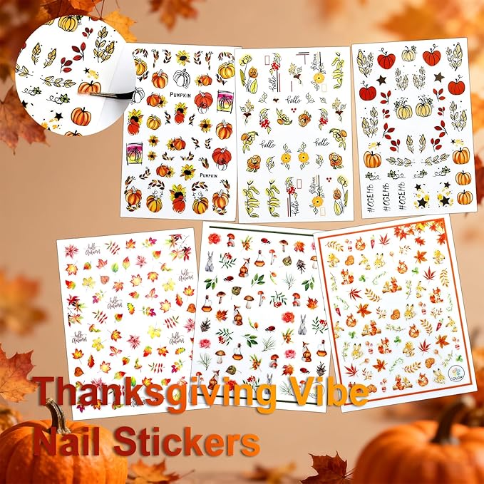 Allstarry Fall Nail Stickers, 6 Sheets Thanksgiving Nail Stickers Fall Nail Decals 3D Maple Leaves Autumn Floral Pumpkin Nail Decal Self-Adhesive for Autumn Nails Art