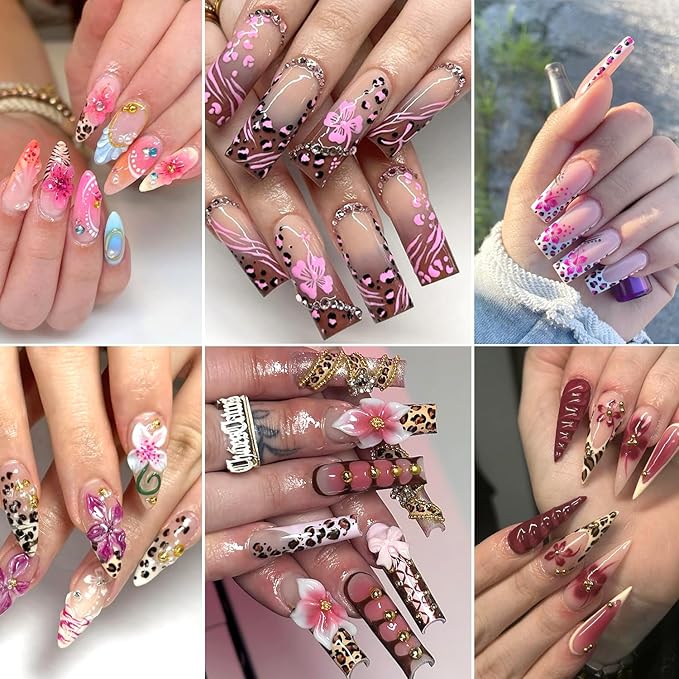 6Sheets Leopard Print Nail Art Stickers 5D Embossed Colorful Lily Flower Nail Decals Self-Adhesive Leopard Print French Tip Nail Sticker Cute Floral Decal for Women Manicure Decoration Accessories