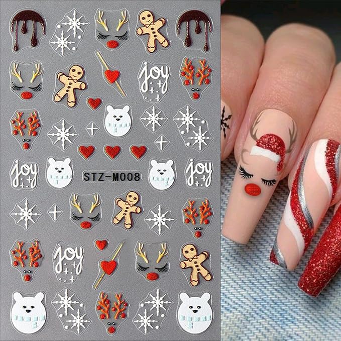 French Snowflake Christmas Bow Nail Art Stickers 3D Embossed Gingerbread Man Christmas Hat Cute Elk Acrylic Nail Decals Women Girls DIY Nail Salon 6 Sheets