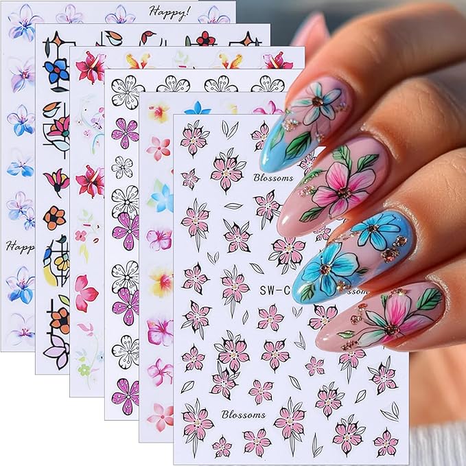 6Sheets Flower Nail Stickers Retro Style Floral Nail Art Stickers Spring Summer Nails Decals Cherry Blossom Kapok Daisy Nails Design Supplies Colorful Flower Sticker for Women Acrylic Manicure Decor