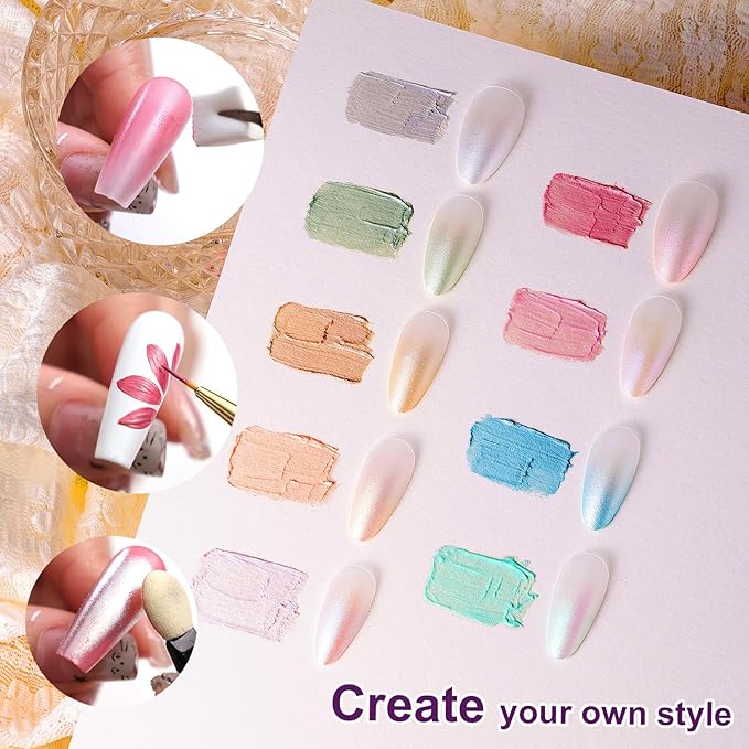 Gradient Painting Gel, 9 Colors Ombre Gel Nail Polish with Pearlescent Silk Satin Pigment Pat Nails Aura Nails French Manicure Soak Off UV Treasure of Pearl