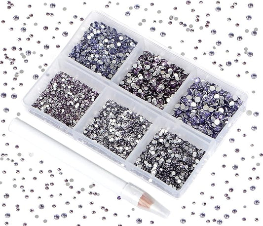 Bymitel 7200 Pieces 6 Mixed Sizes Glue Fix on Glass Rhinestones Round Crystal Gems Flatback for DIY Jewelry Making with one Picking Pen(6-Sizes 7200PCS, Tazanite)