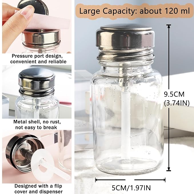 Clear Nail Polish Remover - 120ml Glass Metal Push Down Pump Dispenser - 200pcs Lint Free Nail Wipes - Alcohol Eye Makeup Remover