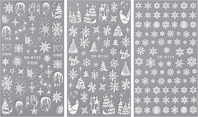 JMEOWIO 3D Embossed Christmas Snowflake Holiday Nail Art Stickers Decals Self-Adhesive 5D Nail Supplies Nail Art Design Decoration Accessories 3 Sheets