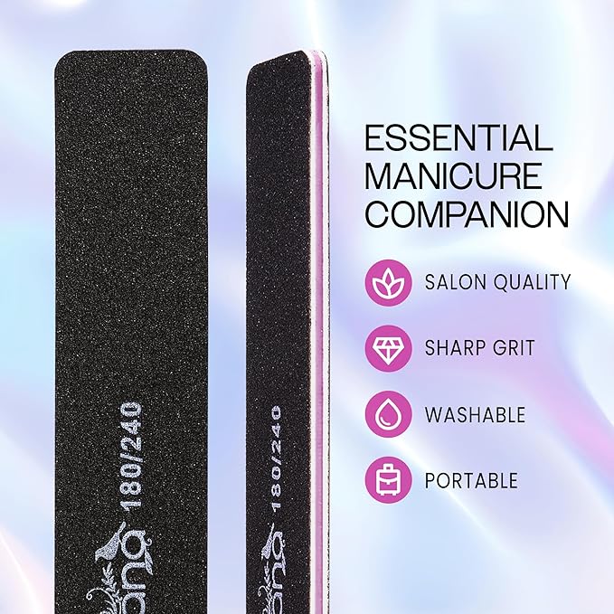 10PCS Jumbo Size PANA Professional Double Sided Nail Files - Black, 180/240 Grit - Emery Board Nail Buffering File Manicure Pedicure Nail Polisher Washable