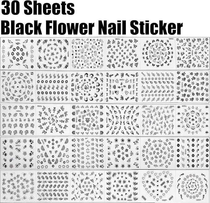 30 Sheets Black Flower Nail Art Stickers - Heart, Butterfly Design Charms - 3D Self Adhesive Nail Art Supplies for Women & Girls - Manicure Decoration Floral Nail Decals