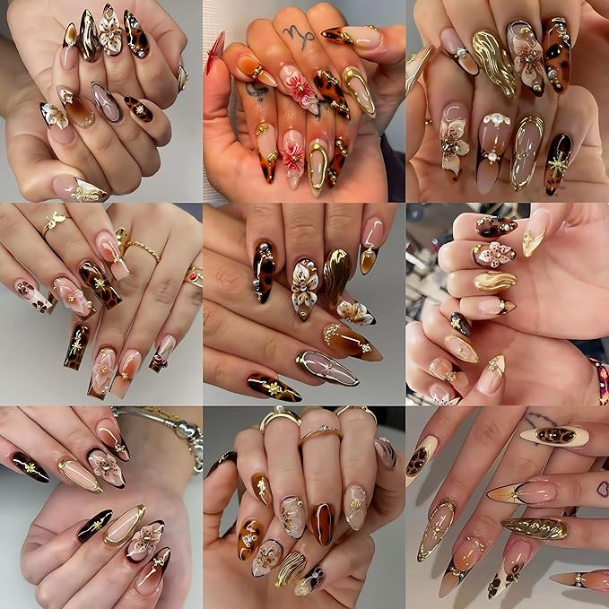 3 Sheets Brown Leopard Print Nail Stickers 5D Embossed Floral Nail Decals Exquisite Line Fall Brown Leopard Print Flower Nails Design Gold Stars Nails Supplies for Women Autumn Winter Manicure Decor