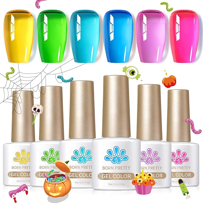 Born Pretty Jelly Gel Nail Polish Halloween Neon Gel Polish,Hot Pink Purple Blue Green Yellow 6Colors Translucent Effect,Soak Off U v LED Light Cure Nail Art Kit for Salon Manicure and DIY at Home
