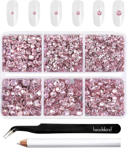 Beadsland 4300pcs Flatback Rhinestones,Pink Rhinestone Nail Gems Round Crystal Rhinestones for Crafts,Mixed 6 Sizes with Picking Tweezers and Wax Pencil Kit, SS6-SS20,Light Rose/Light Pink