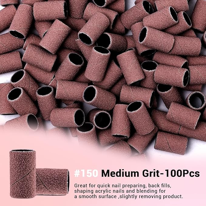 MelodySusie 100 Pcs Nail Drill Bits Sanding Bands for Nail Drill 150 Medium Grit Nail File Sanding Bands for Acrylic Nails Gel Manicures and Pedicure