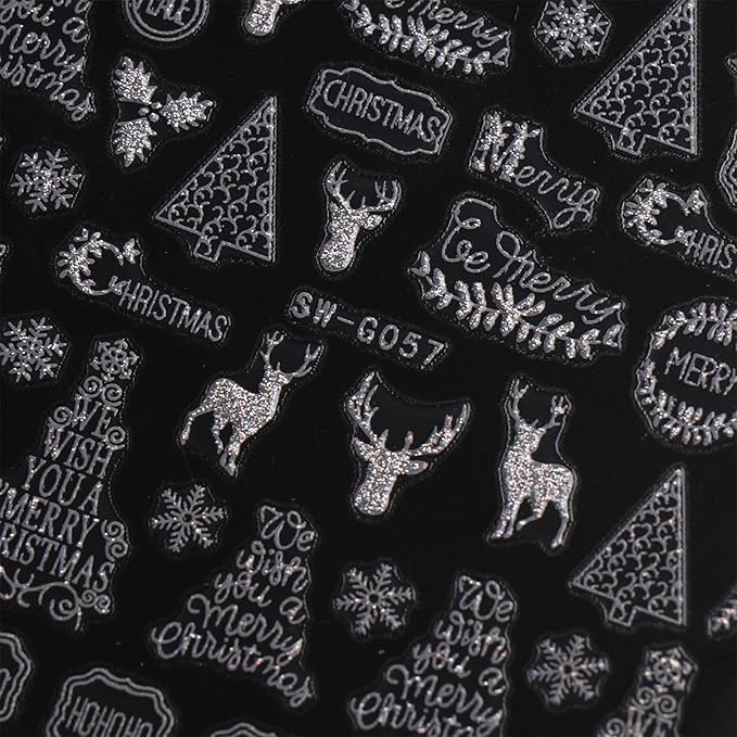 JMEOWIO 9 Sheets Christmas Glitter Nail Art Stickers Decals Self-Adhesive Snowflake Winter Holiday Silver Nail Supplies Nail Art Design Decoration Accessories