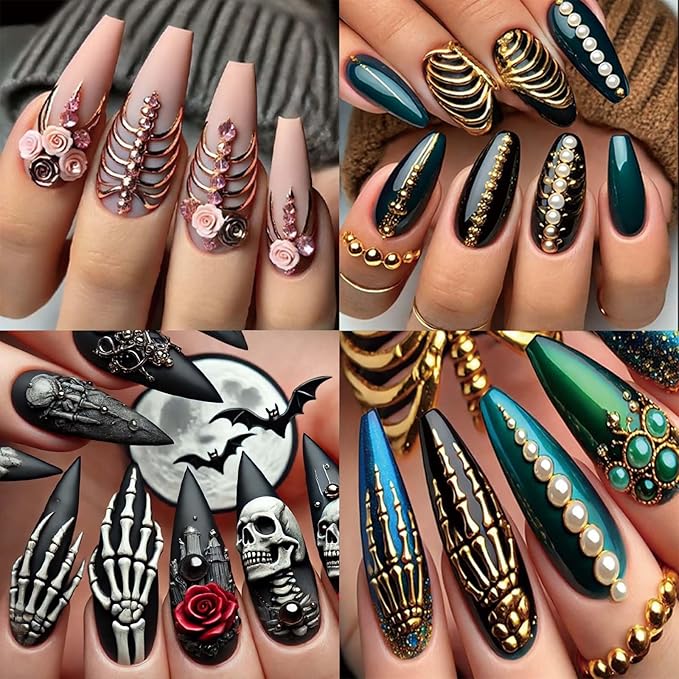 ONPRESS 6Sheet Halloween Nail Stickers 5D Embossed Skeleton Skull Nail Art Stickers Pink Hand Bone Rose Flower Nail Decals Self-Adhesive Gothic Scary Gold Nail Decor Manicure Accessories for Holiday