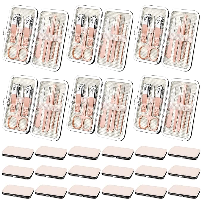 Lasnten 24 Set Manicure Set Bulk Nail Clippers Grooming Nail Kit Stainless Steel Professional Pedicure Kit Pedicure Tools with Travel Case Gifts for Men Women Personal(8 in 1,Pink, Rose Gold)