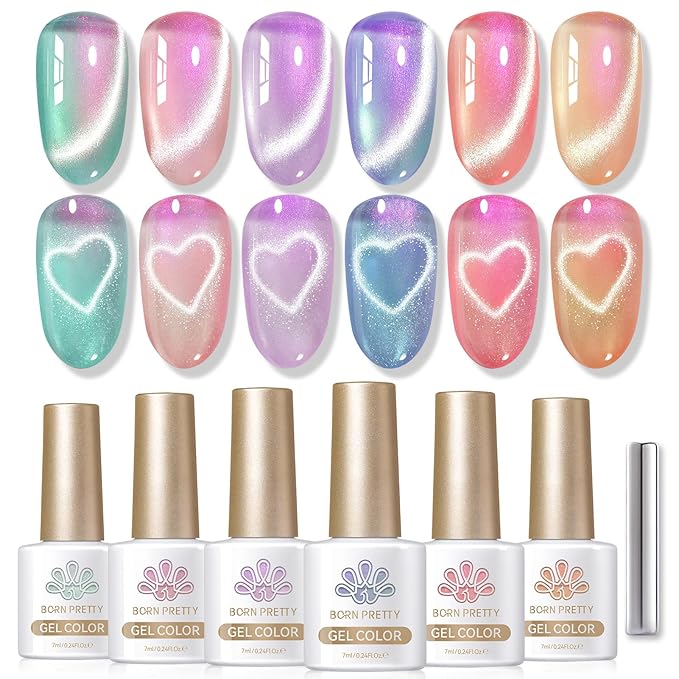 Born Pretty Magnetic Gel Nail Polish Set,Pastel Coral Sea Magnetic Eye Gel Jelly Glass Crystal Magnetic Gel Polish Nail Art Manicure Kit 6PCS