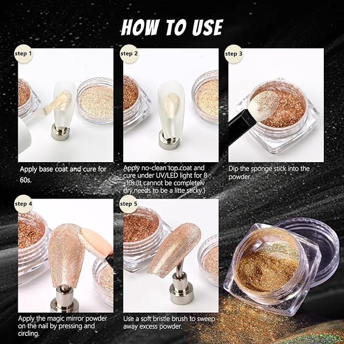 12 Jars Holographic Nail Powder, Chrome Nail Powder Kit Black Blue Ultra Fine Glitter Powder Set, Rainbow Neon Pigment Manicure Glitter Dust with 12 Pcs Dual Sides Sponge Applicators