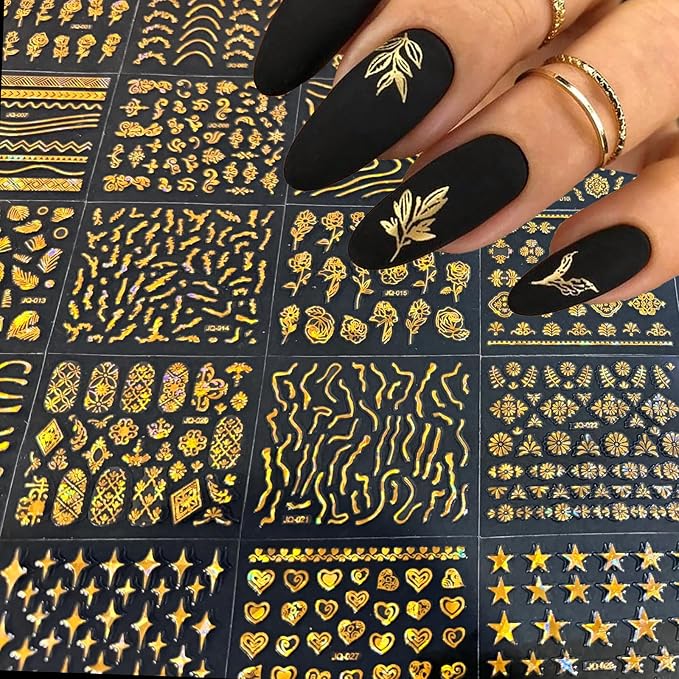 30 Sheets Gold Nail Art Stickers 3D Self-Adhesive Nail Decals Holographic Laser Gold Floral Star Heart Leaf Nail Design Nail Supplies for Women Girls Nail Art Decoration Accessories