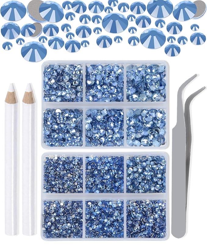 LPBeads 6000 Pieces Lt Sapphire Non Hotfix Rhinestones 6 Sizes Round Crystal Glass Flat Back Rhinestones with Tweezers and Picking Pen for Nail Art Crafts Clothes Bags DIY