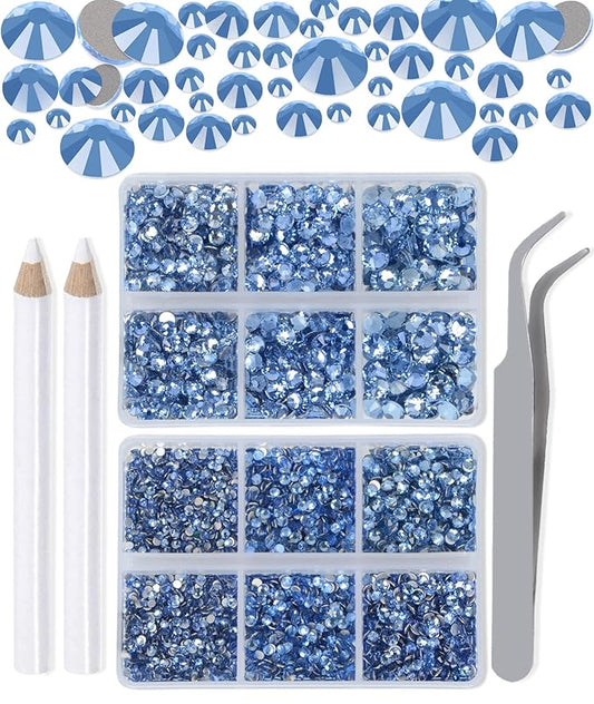 LPBeads 6000 Pieces Lt Sapphire Non Hotfix Rhinestones 6 Sizes Round Crystal Glass Flat Back Rhinestones with Tweezers and Picking Pen for Nail Art Crafts Clothes Bags DIY