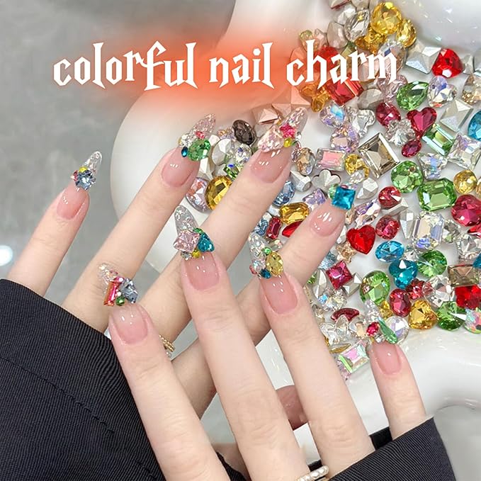 50Pcs Summer Color Pointed Bottom Special-Shaped Nail Art Charms Mixed Colored Diamond Candy Nail Art Diamond Nail Charms 3D Luxury Star Heart Jewelry Nail Art Supplies DIY Nails Crafts