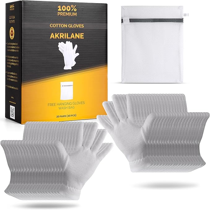 AKRILANE 1 Size 20 Pairs Cotton Moisturizing Gloves for Dry Hands, Eczema & Psoriasis Treatment, Reusable with Free Laundry Bag