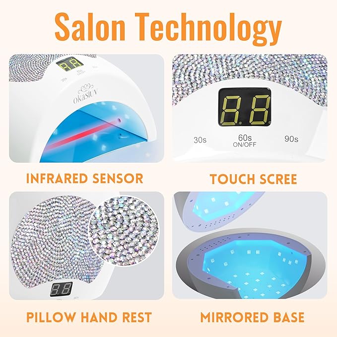 UV LED Nail Dryer with AB Rhinestones - Rechargeable, Touch Screen, 3 Timer Settings, Quick Cure for Gel Polish, Portable for Salon & DIY