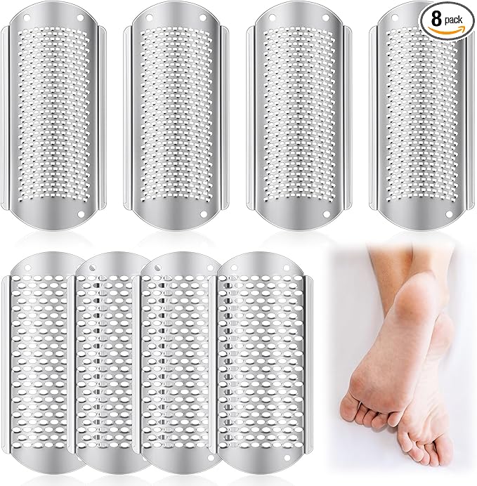 Moxweyeni 8 Pcs Foot File Callus Remover Replacement Blades Metal File Callus Remover Shaver Blades Hard Skin Remove Stainless Steel 2 Designs Big/fine Hole for Detachable Foot Scrubber