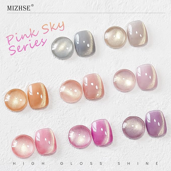 MIZHSE Cat Eye Gel Nail Polish, 8 Colors Glass Magnetic Gel Polish Set with Magnet Stick, Crystal Jelly Pink Purple Colors with Gradual Gold Cat Eye Effect Nail Polish Soak Off Nail Art Gift for Women
