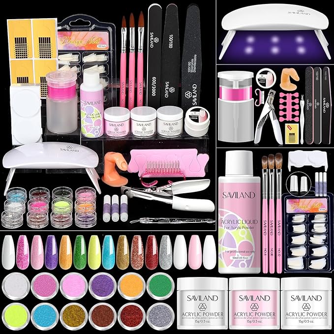 Saviland Acrylic Nail Kit for Beginners Practice: Keratin Acrylic Powder Monomer Liquid Brush Clippers Nail Lamp Complete Tools Everything 100 Nail Tips Home Starters