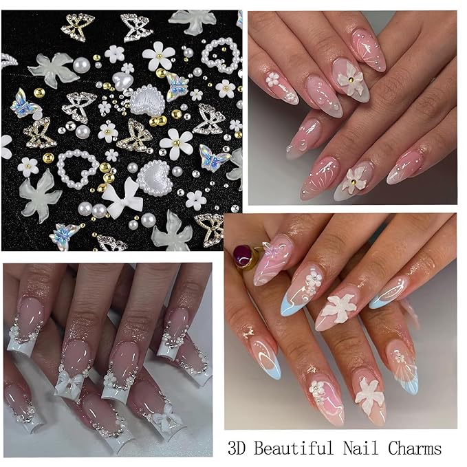 Nail Art Charms with Rhinestones Glue Gel White Flatback Pearls Flower Butterfly Nail Gems Supplies Accessories Gold Silver Nails Decoration Pearls for Women Nails Design