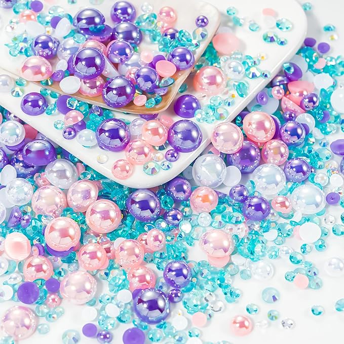 60g Purple Pink Flatback Rhinestones Half Pearls for Crafting, Mixed Size 3mm-10mm Resin Rhinestones for Bedazzling, Small Pearls for DIY Tumblers Mugs Nail Art Shoes Clothes with Glue