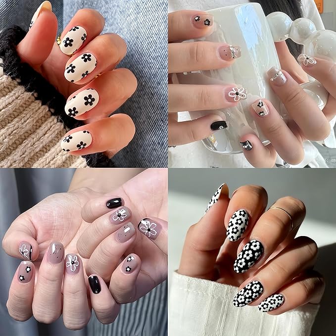4 Sheets Embossed Flower Nail Art Stickers Flower Nail Decals 5D Self Adhesive Black and White Floral Nails Design Stickers Jelly Nail Supplies for Women and Girls Acrylic Manicure Decoration