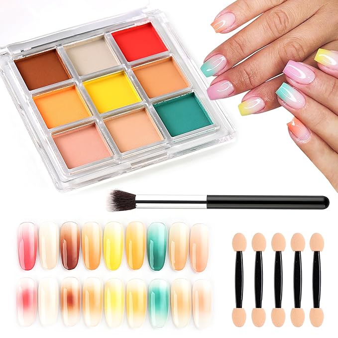 Nail Pigment Powder - 9 Colors Ombre & Gradient Nail Art Design Kit - Includes 5 Sponge Sticks & 1 Brush - Neon Powder for DIY Manicure Beginners