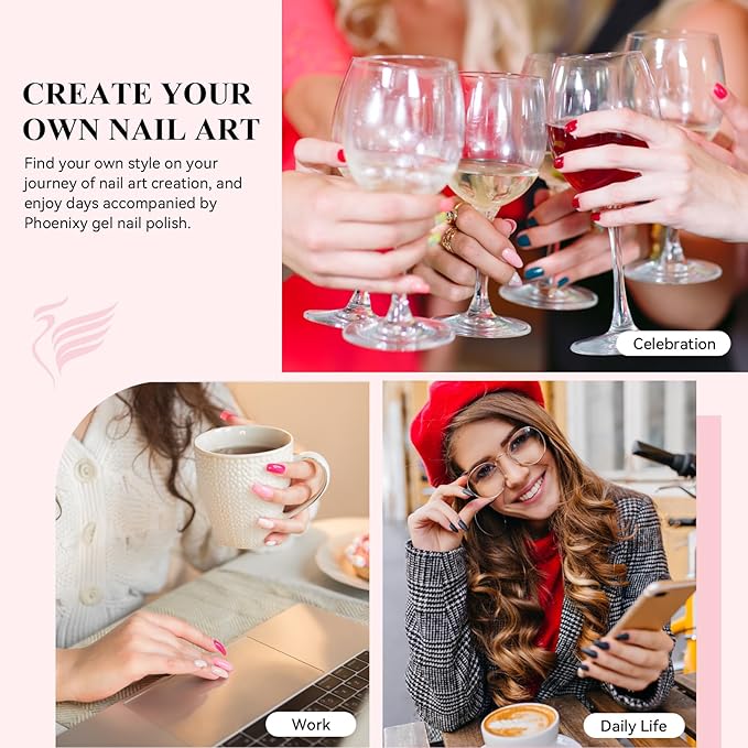 phoenixy 30 PCS Gel Nail Polish 25 Colors Gel Nail Polish Set with Base Coat Glossy Matte and Glitter Top Coat Pink Red Green Starter Gift for Women - PCB9041